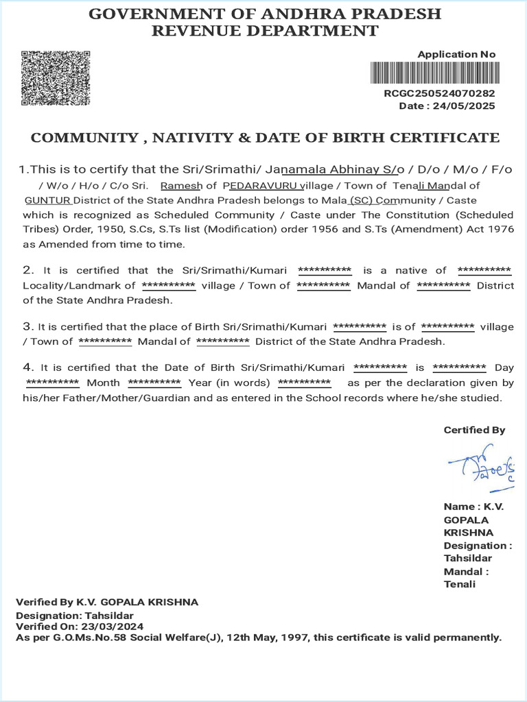 Caste and Birth Certificate Details AP | PDF
