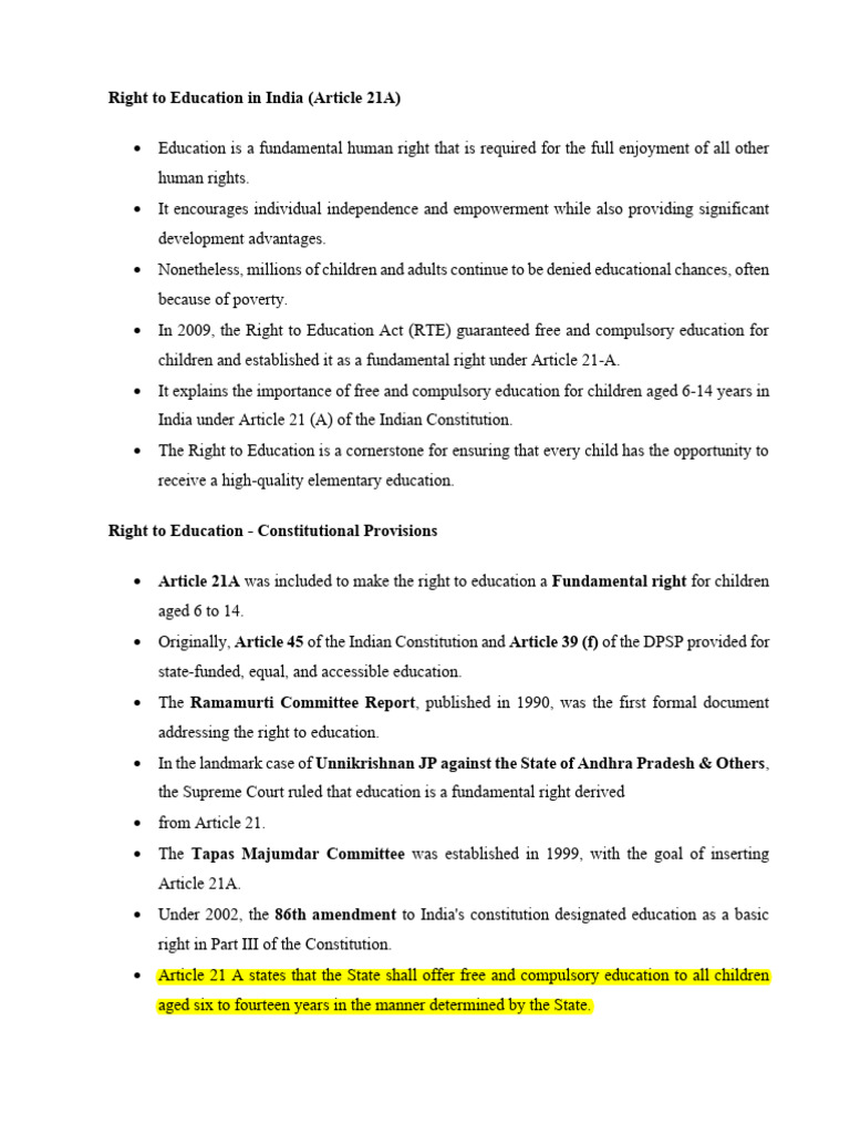 Right to Education in India: Article 21A | PDF | Political Charters ...