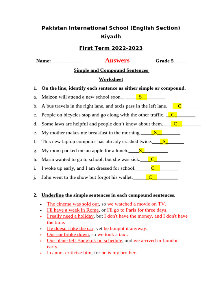 Answer Key-Simple and Compound Sentences Worksheet-Grade 5 | PDF