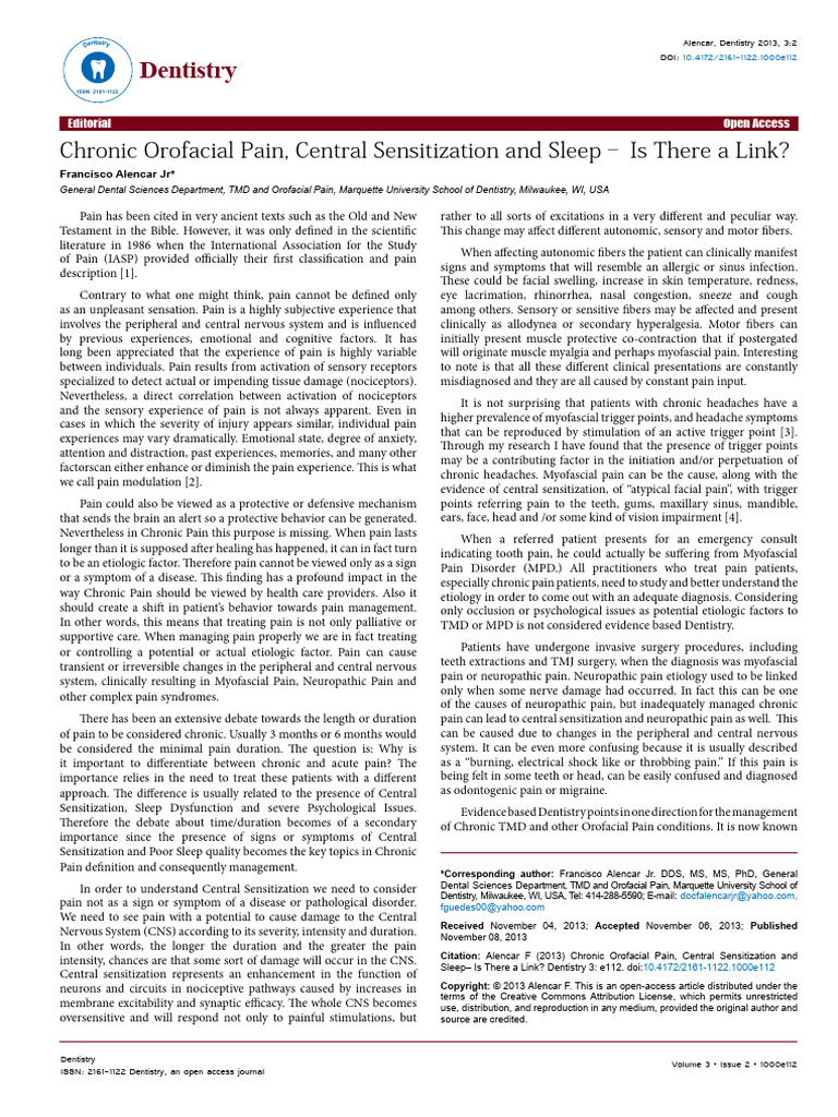 Chronic Orofacial Pain and Central Sensitization | PDF | Pain | Chronic ...