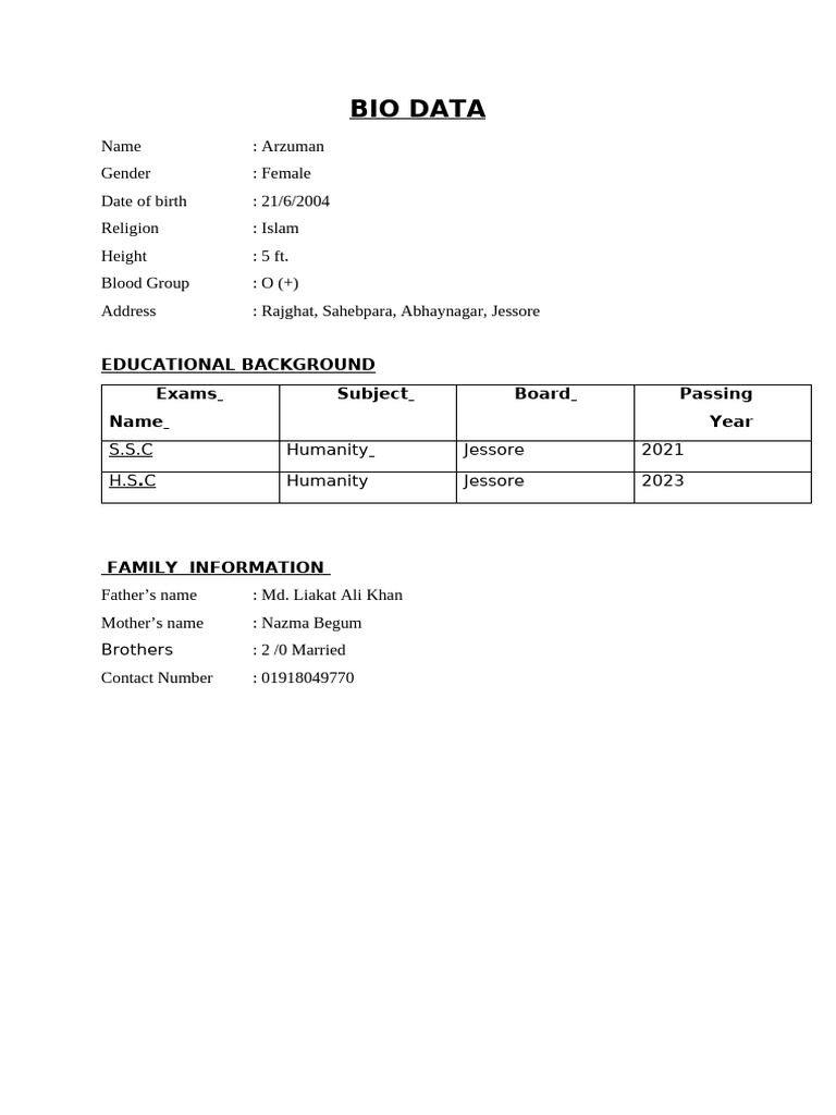Arzuman's Bio Data and Education Details | PDF