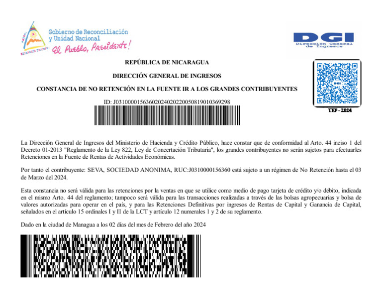 Constancia de No Retención Nicaragua | PDF