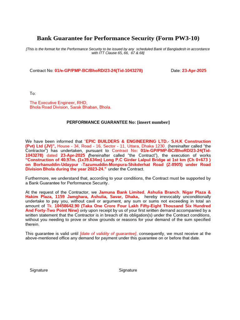 Performance Security Guarantee Form PW3 | PDF