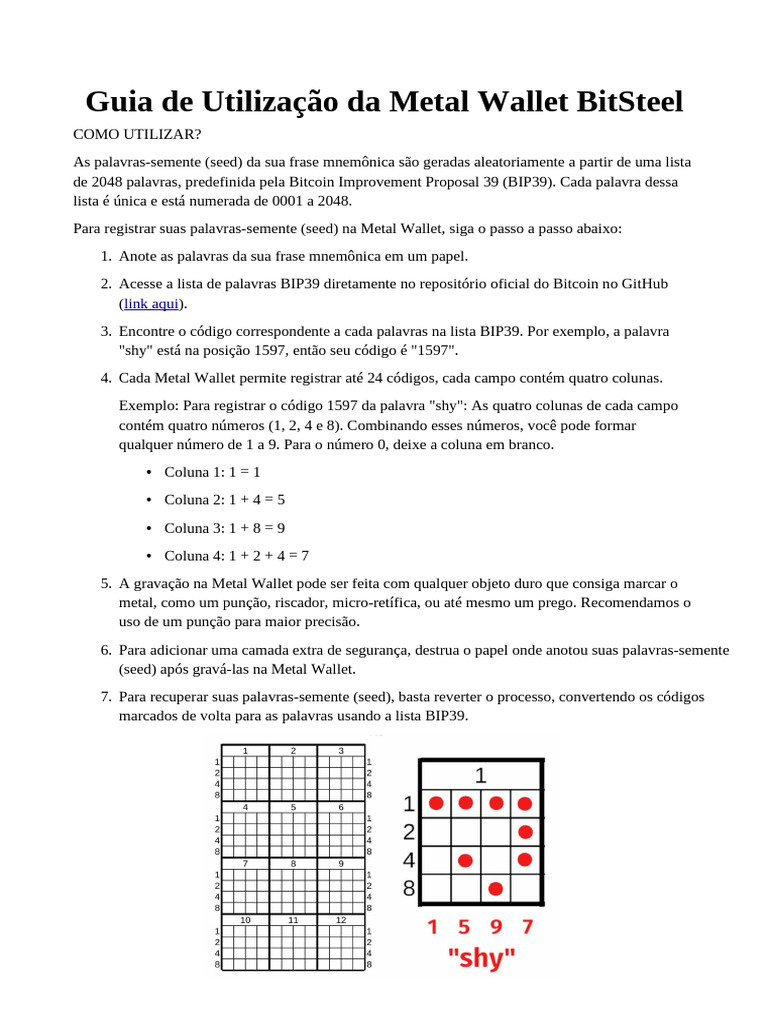 Guia de Utilização Da Metal Wallet Bitsteel: Link Aqui | PDF
