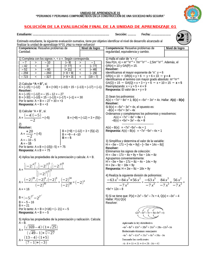 Evaluación Final de Matemáticas 01 | PDF | Aprendizaje