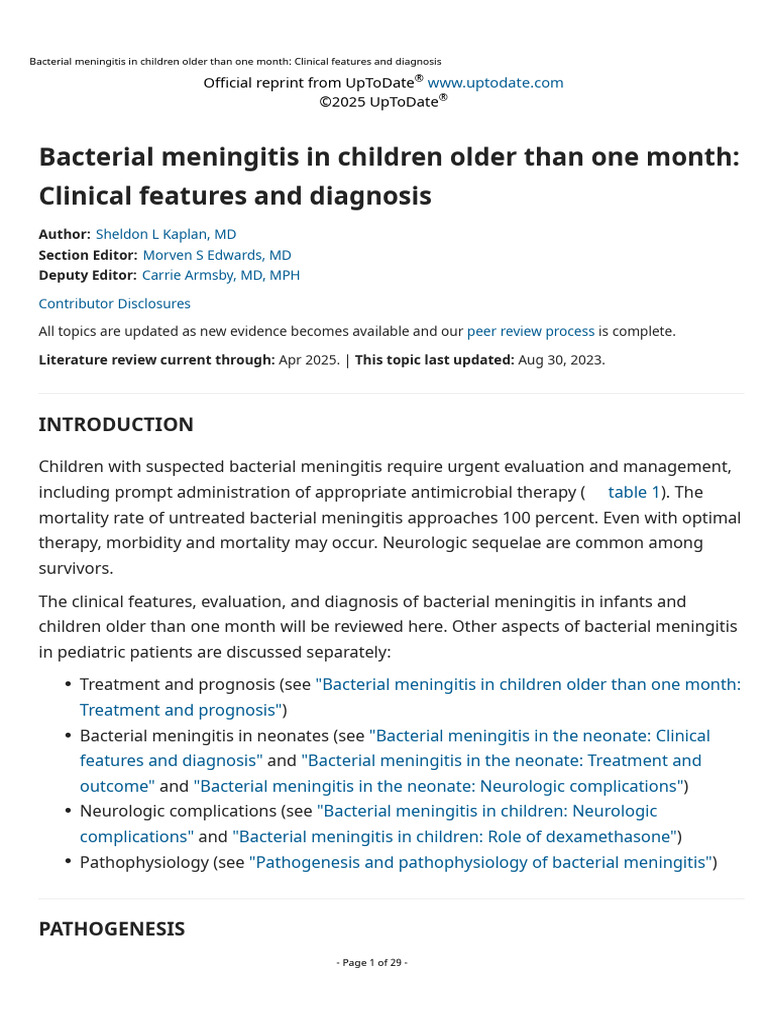 Bacterial Meningitis in Children: Diagnosis | PDF | Meningitis | Sepsis