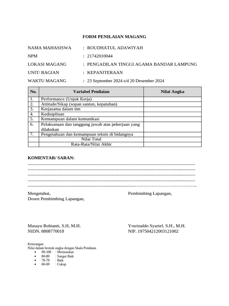 Form Penilaian Magang Mahasiswa Hukum | PDF