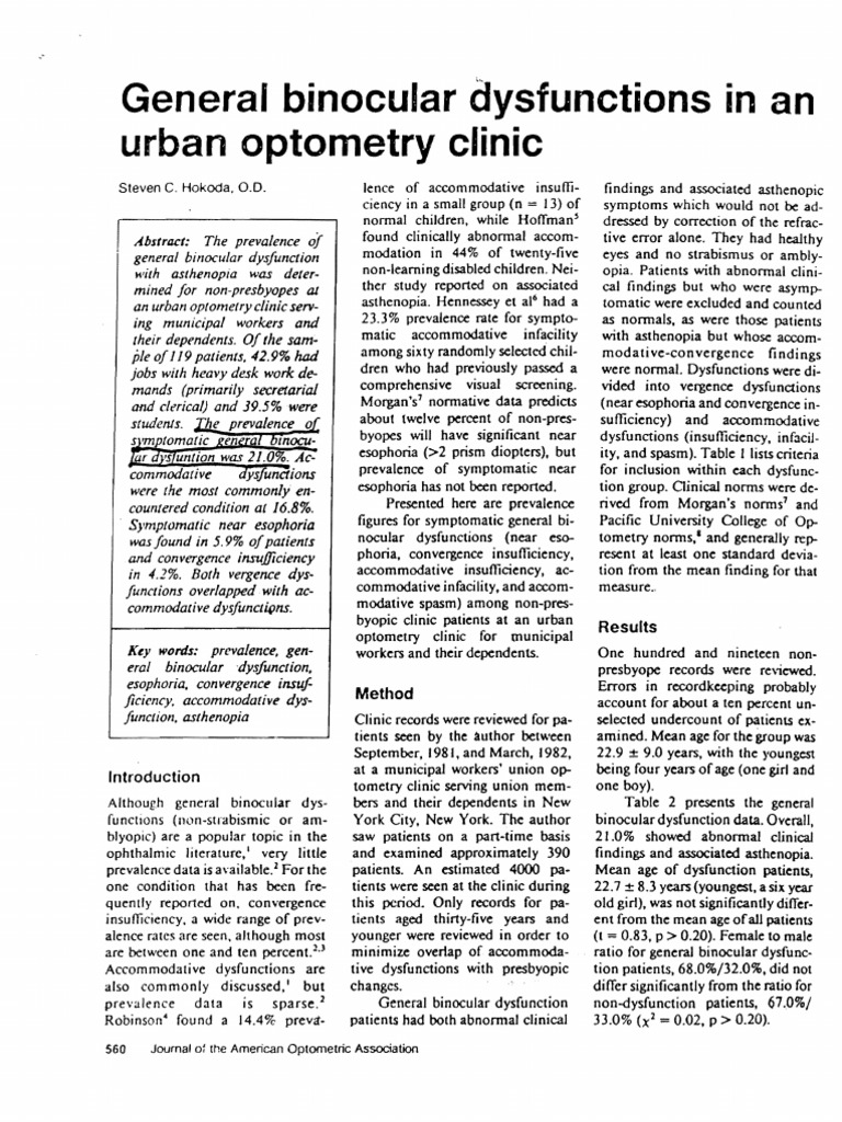 Prevalence of Binocular Dysfunctions in Urban Optometry | PDF | Visual ...