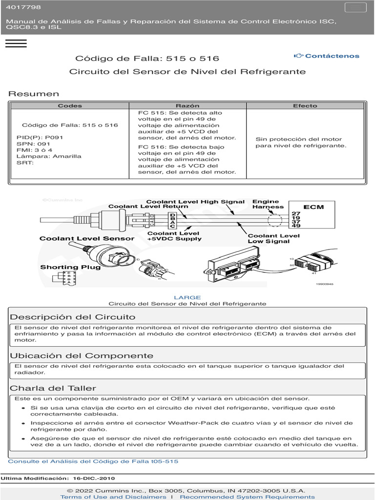 Code 515 o 516 Circuito Del Sensor de Nivel Del Refrigerante. | PDF ...