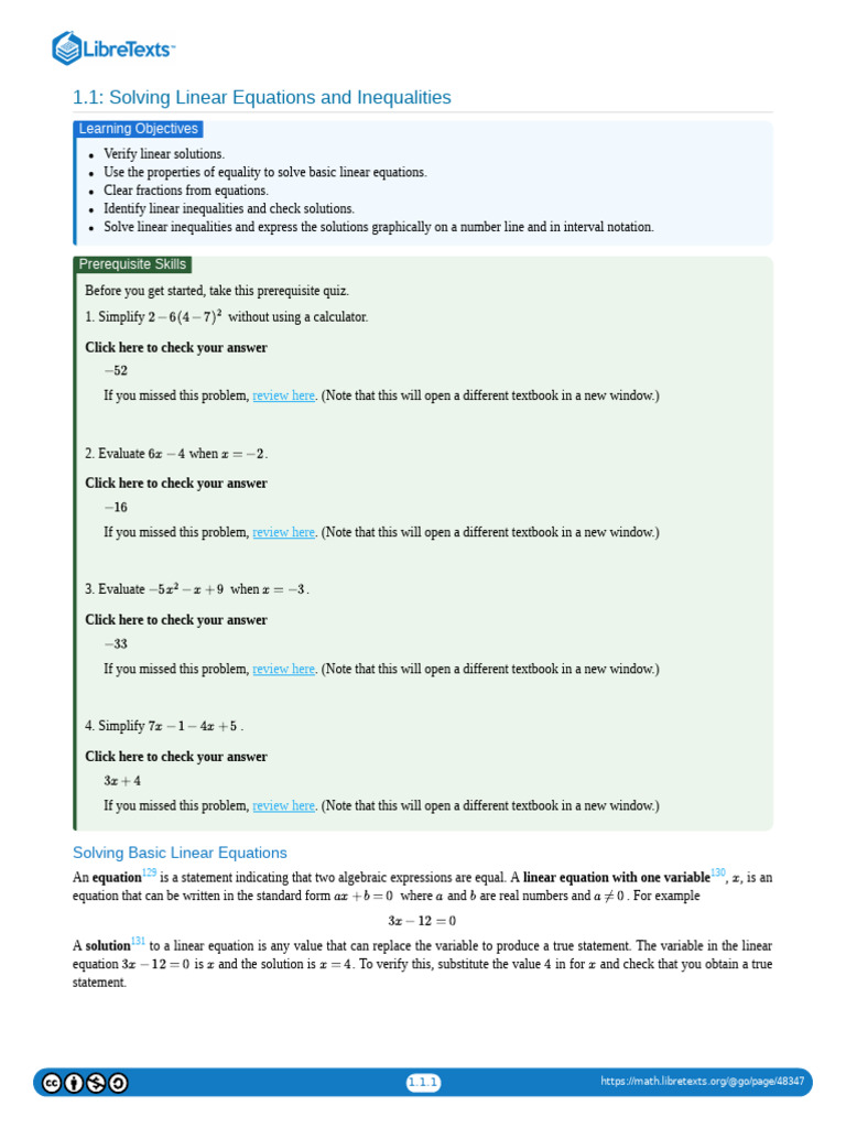 1.01 Solving Linear Equations and Inequalities | PDF | Equations ...