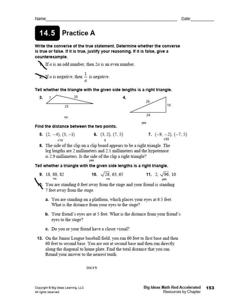 14.5 Using The Pythagorean Theorem Practice A | PDF | Mathematics ...