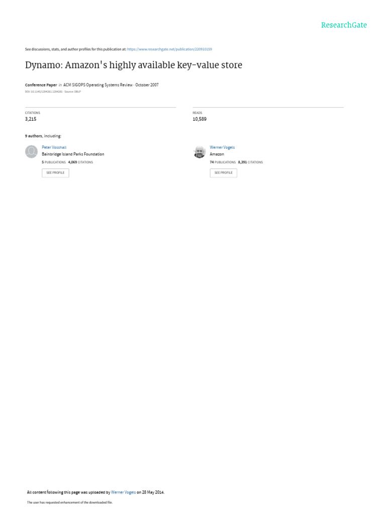 Dynamo: Amazon's Key-Value Storage System | PDF | Acid | Peer To Peer