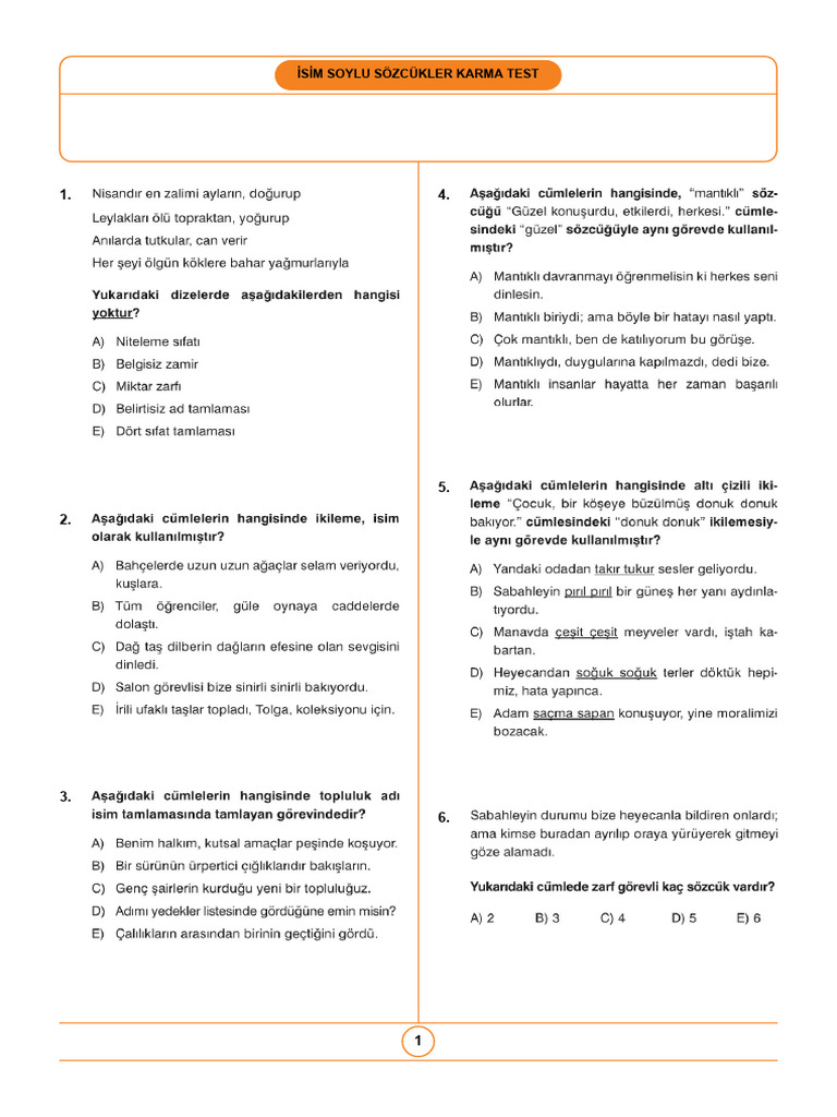 İsi̇m Soylu Sözcükler Karma Test | PDF