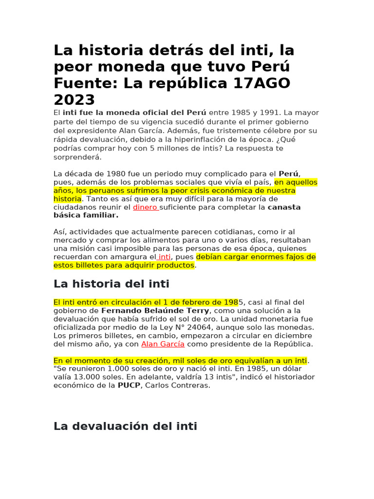 Historia y devaluación del inti peruano | PDF | Dinero | Economias