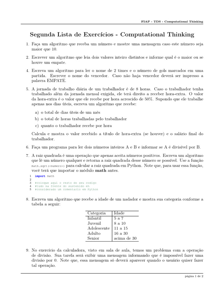 Exercícios de Algoritmos em Python | PDF | Raiz quadrada | Equações