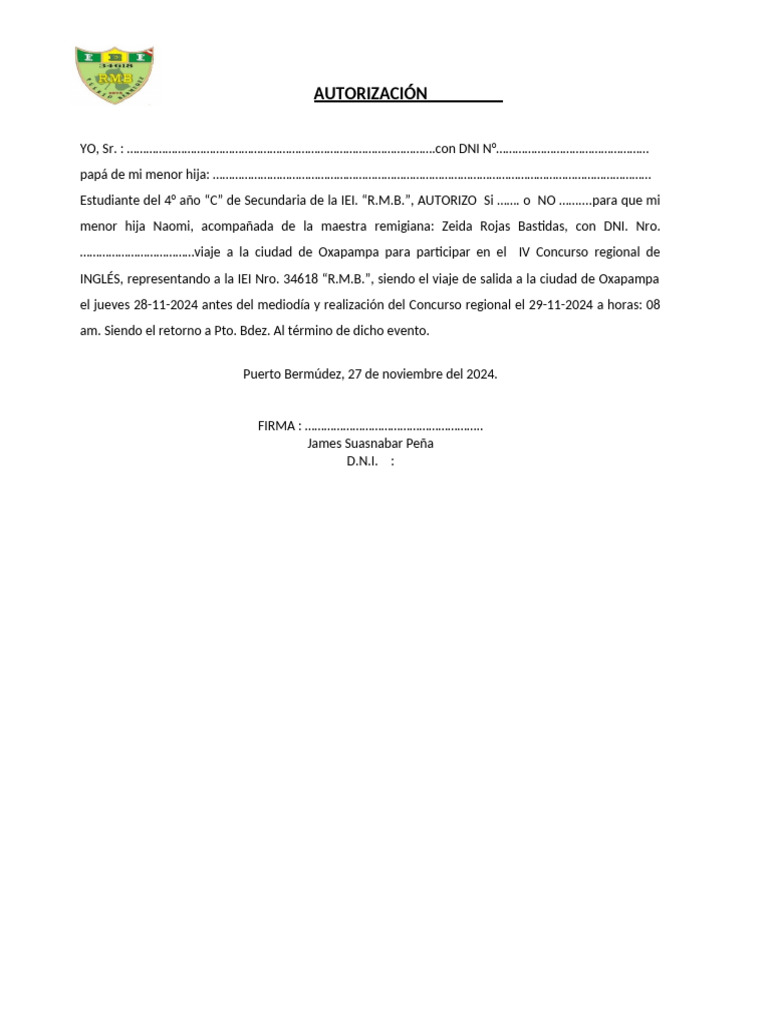 Autorización para Viaje Escolar a Oxapampa | PDF