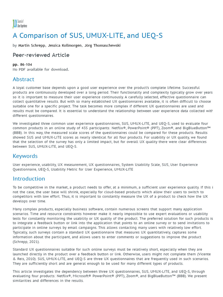 Comparing UX Questionnaires: SUS, UMUX-LITE, UEQ-S | PDF | User ...