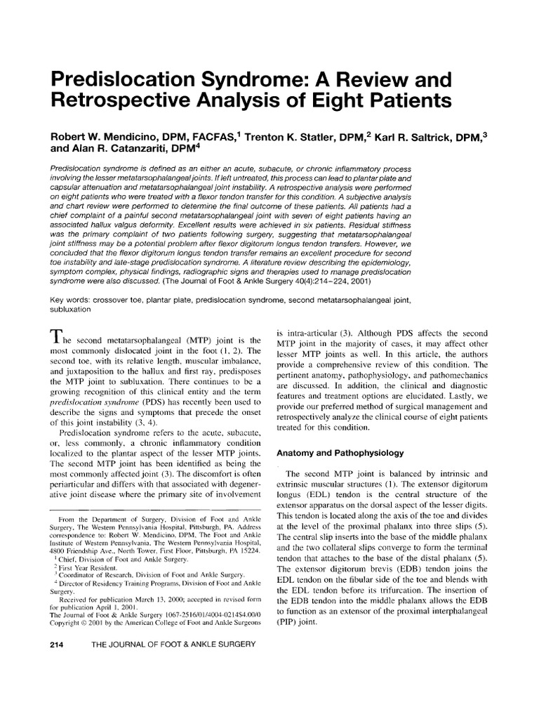 Predislocation Syndrome Overview | PDF | Foot | Toe