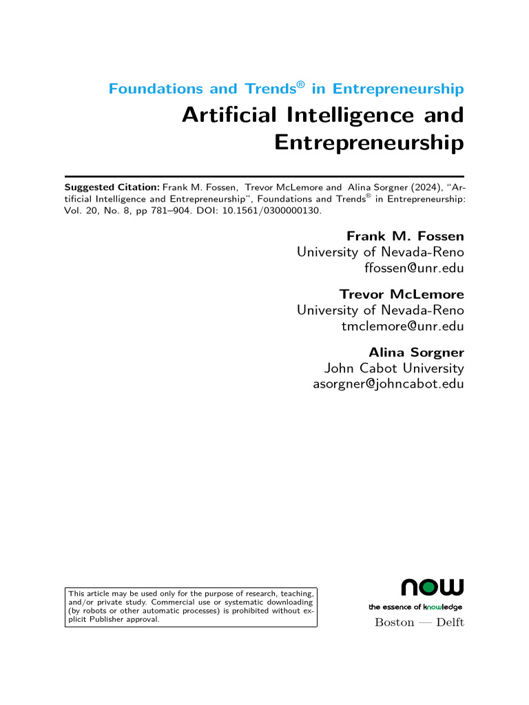 Ai & Entrepreneurship - Now Publishers - 0300000130 | PDF | Machine  Learning | Artificial Intelligence