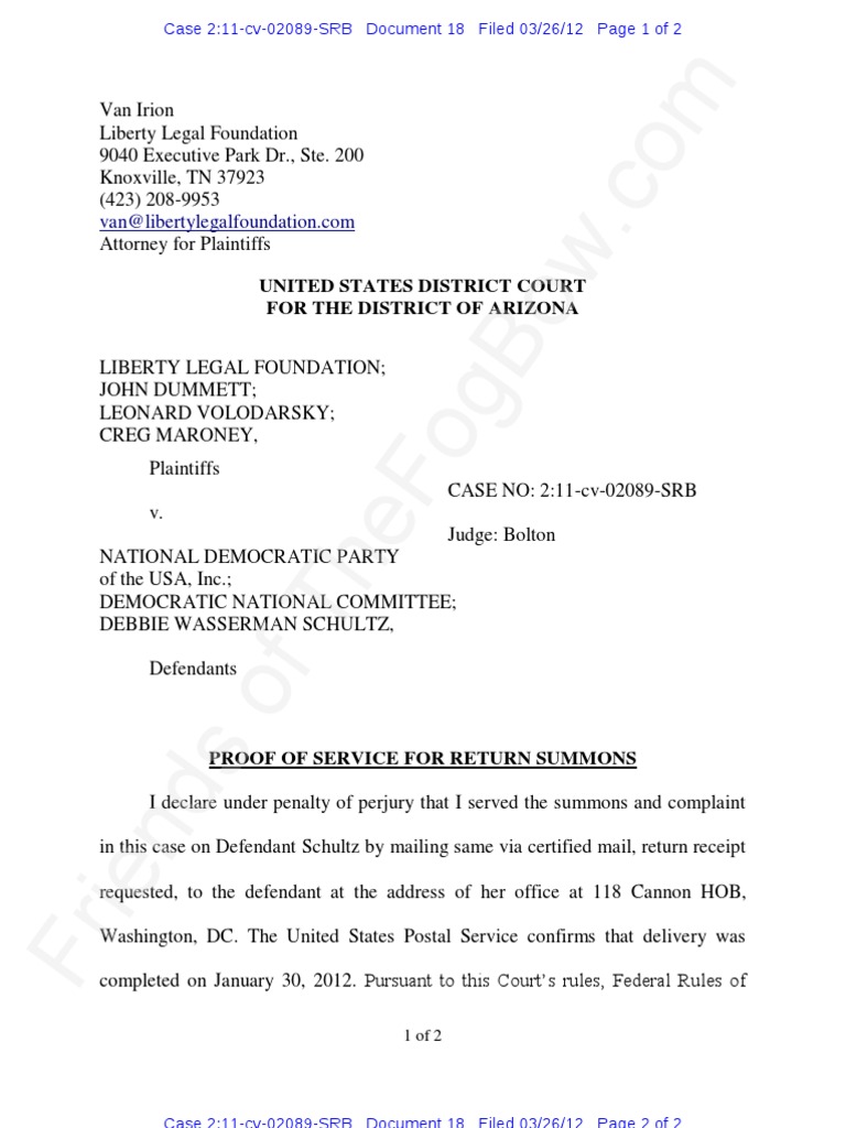 AZ - 2012-03-26 - LLF V NDPUSA (USDC AZ) - LLF Summons On Schultz ...
