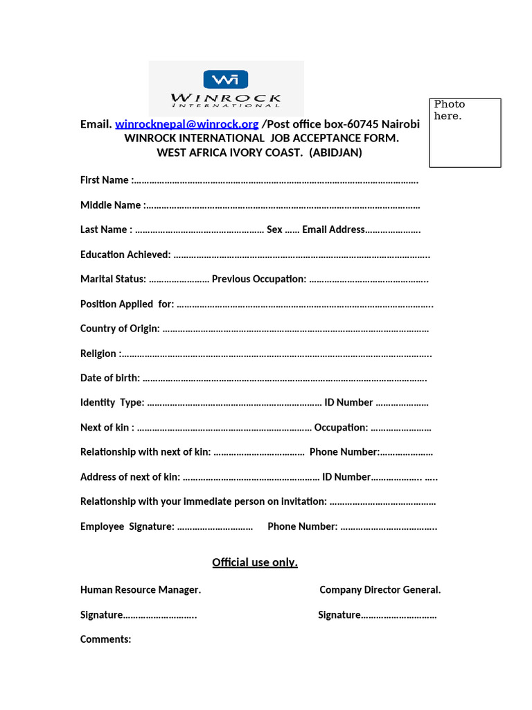 Winrock International Job Form Abidjan | PDF