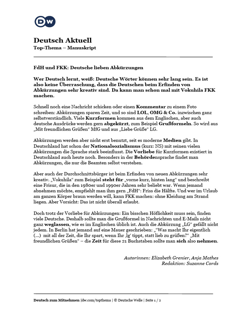 DW FDH Und FKK Deutsche Lieben Abkürzungen | PDF