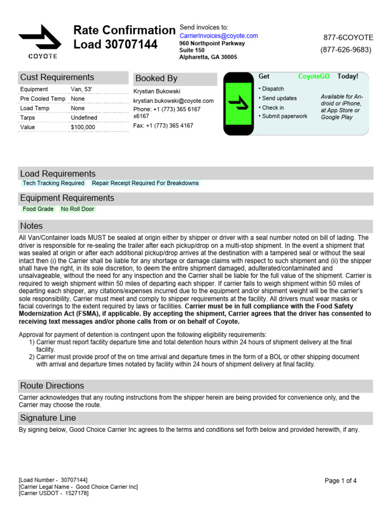 Rate Confirmation for Load 30707144 | PDF | Cargo | Bill Of Lading