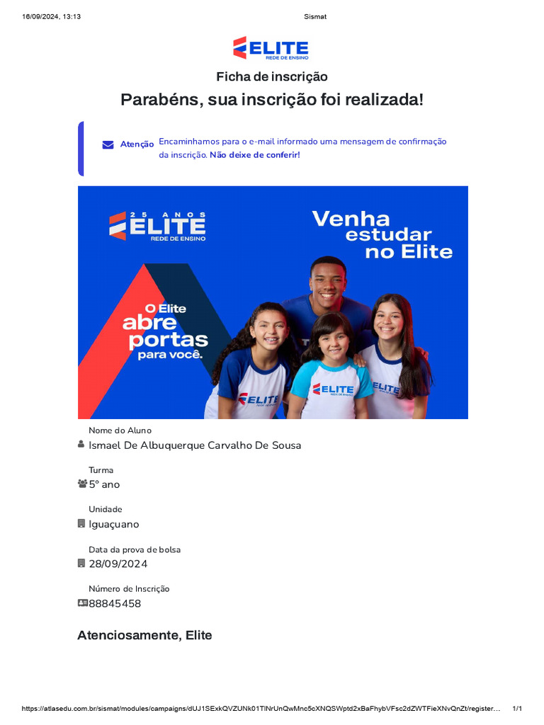 Inscrição para Prova de Bolsa Elite | PDF