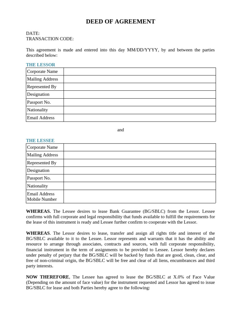 Deed of Agreement (DOA) | PDF | Lease | Letter Of Credit