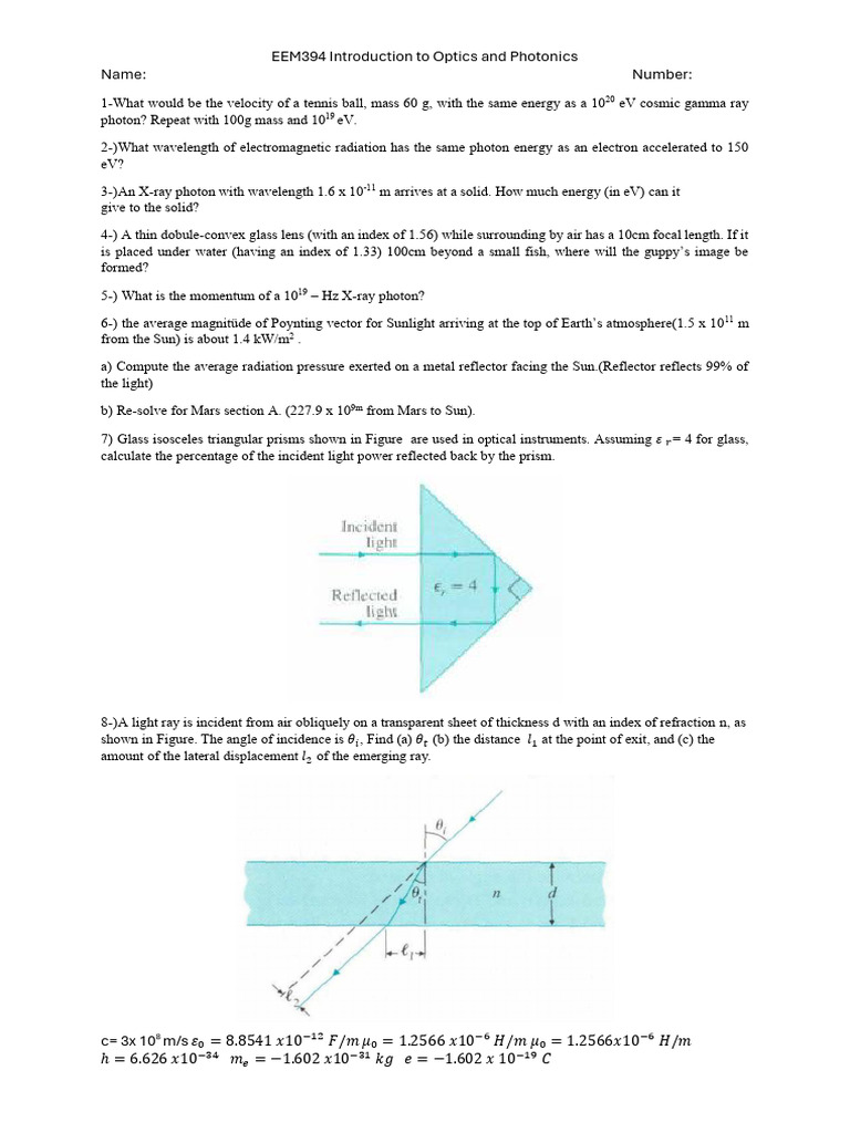 Optics and Photonics Problem Set | PDF