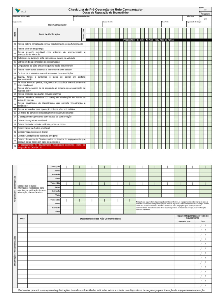 Check List Rolo Compactador: Inspeção e Segurança | PDF