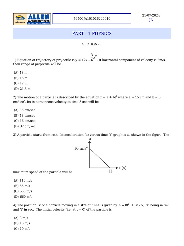 Physics and Chemistry Exam Questions | PDF | Physics | Motion (Physics)