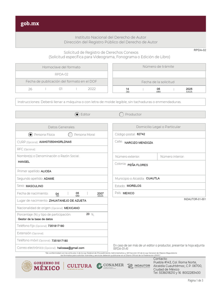 Solicitud Registro Derechos Conexos RPDA-02 | PDF