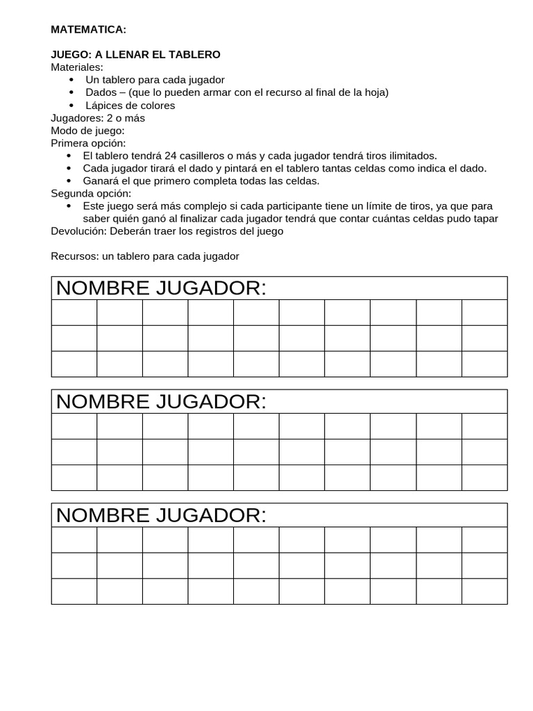 MATEMATICA A Llenar El Tablero | PDF