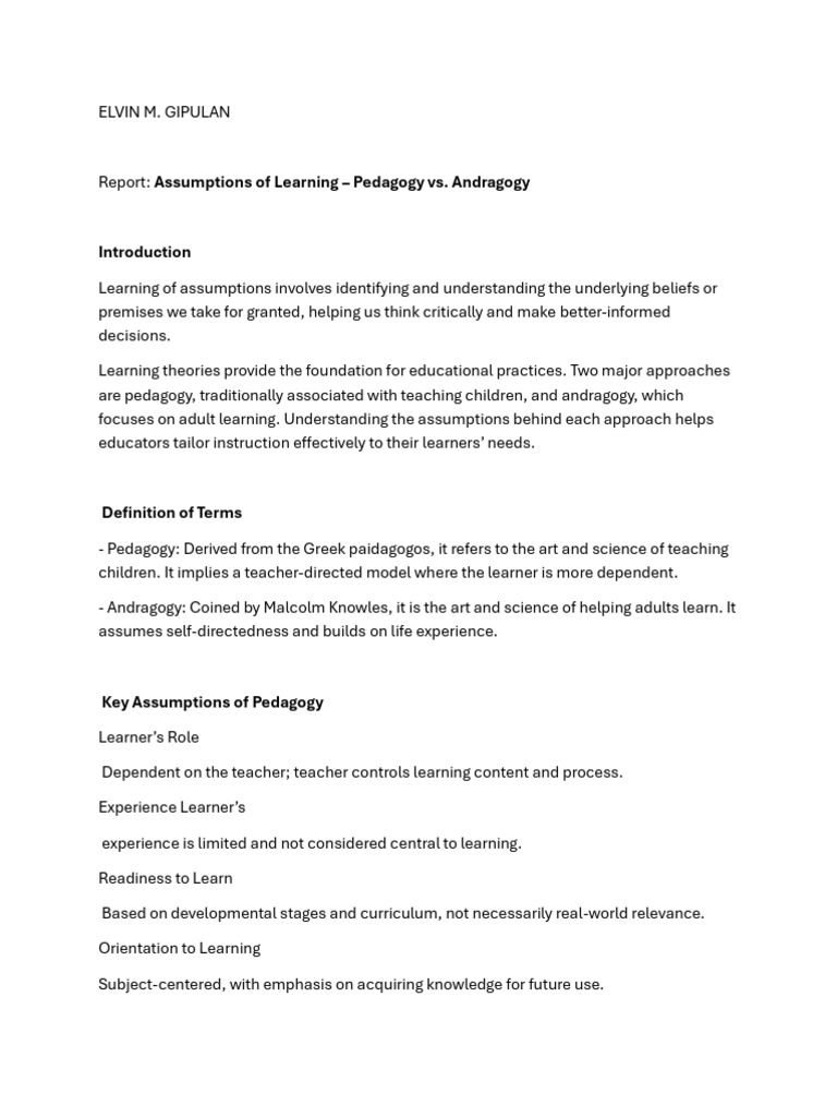 Learning Theories: Pedagogy vs. Andragogy | PDF | Learning | Pedagogy
