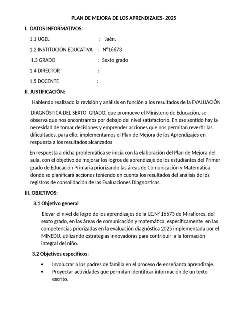 Plan de Mejora Aprendizajes Sexto Grado | PDF | Evaluación | Aprendizaje
