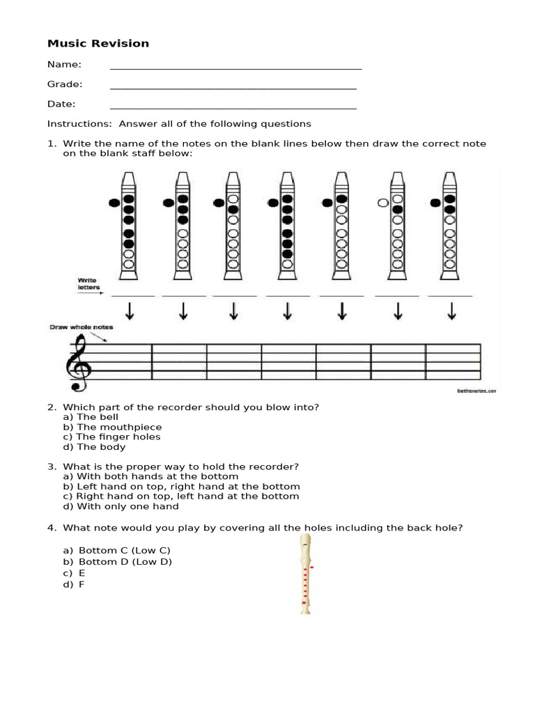 Music Revision Grade 4 Term 1 | PDF | Recorder (Musical Instrument ...