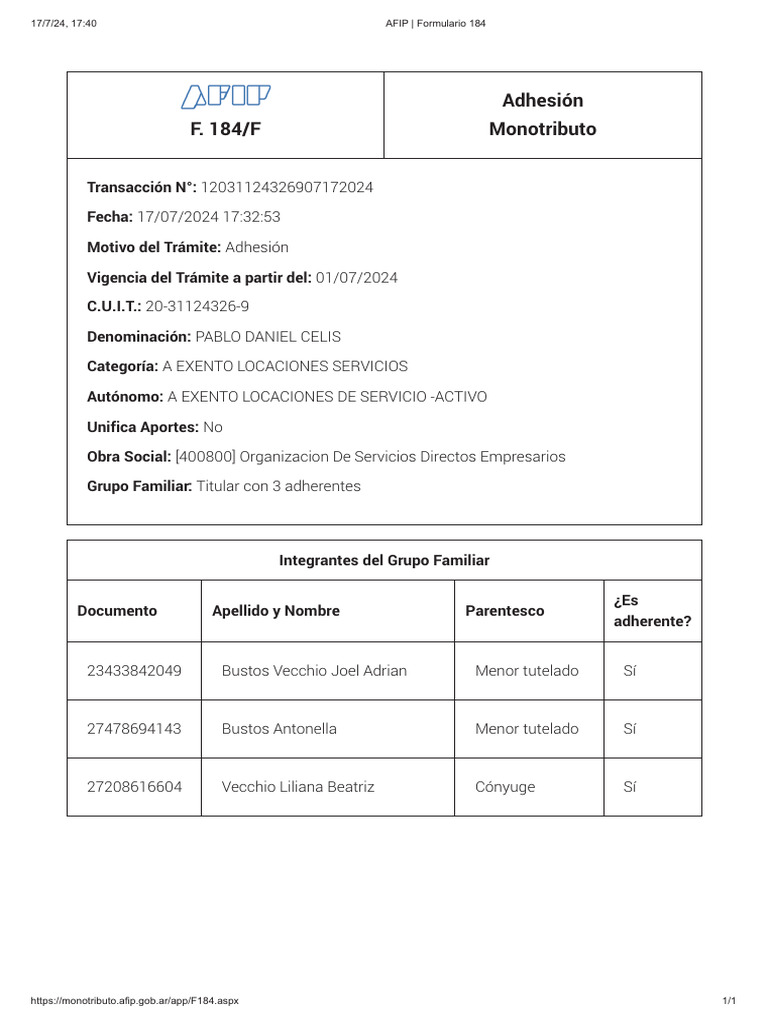 AFIP - Formulario 184 | PDF