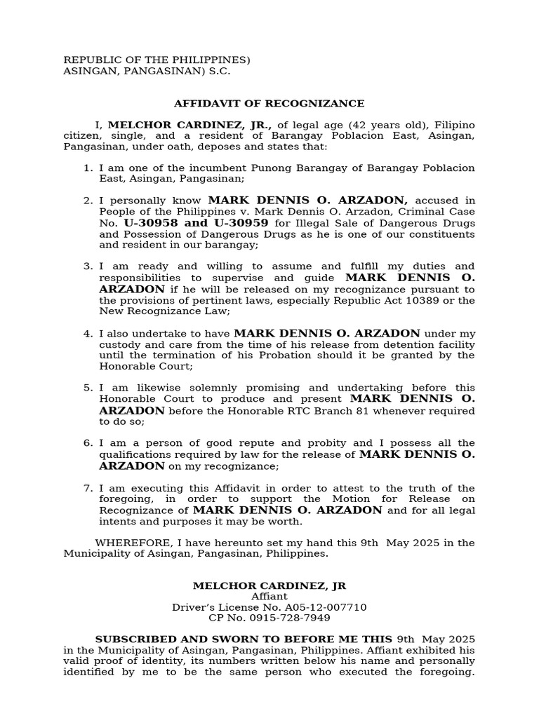 Affidavit of Recognizance for Arzadon | PDF | Affidavit | Criminal Law