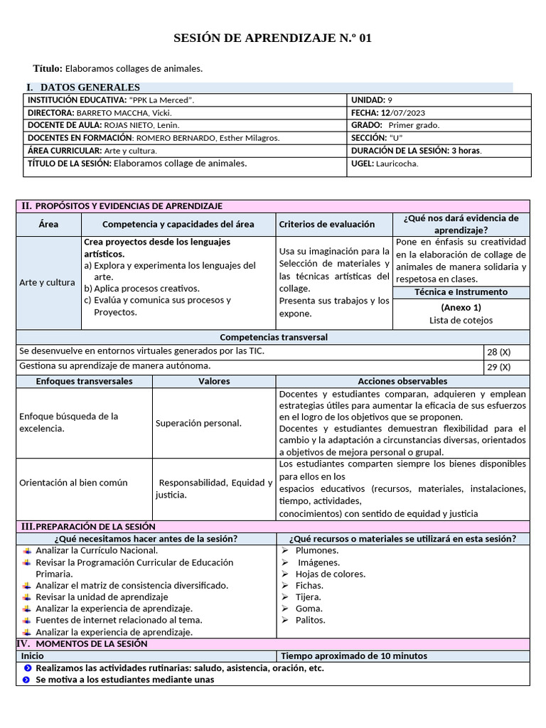 Sesion de Arte Ficha 2 - 2023 | PDF | Enseñando | Aprendizaje