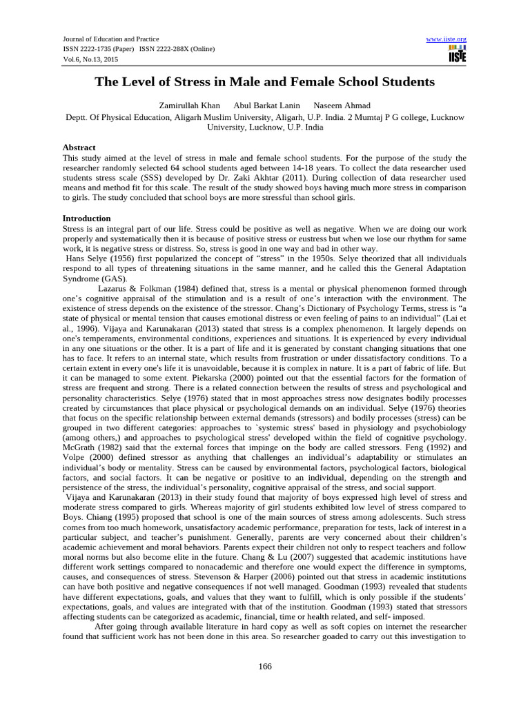 Stress Levels in Male vs Female Students | PDF | Stress (Biology ...
