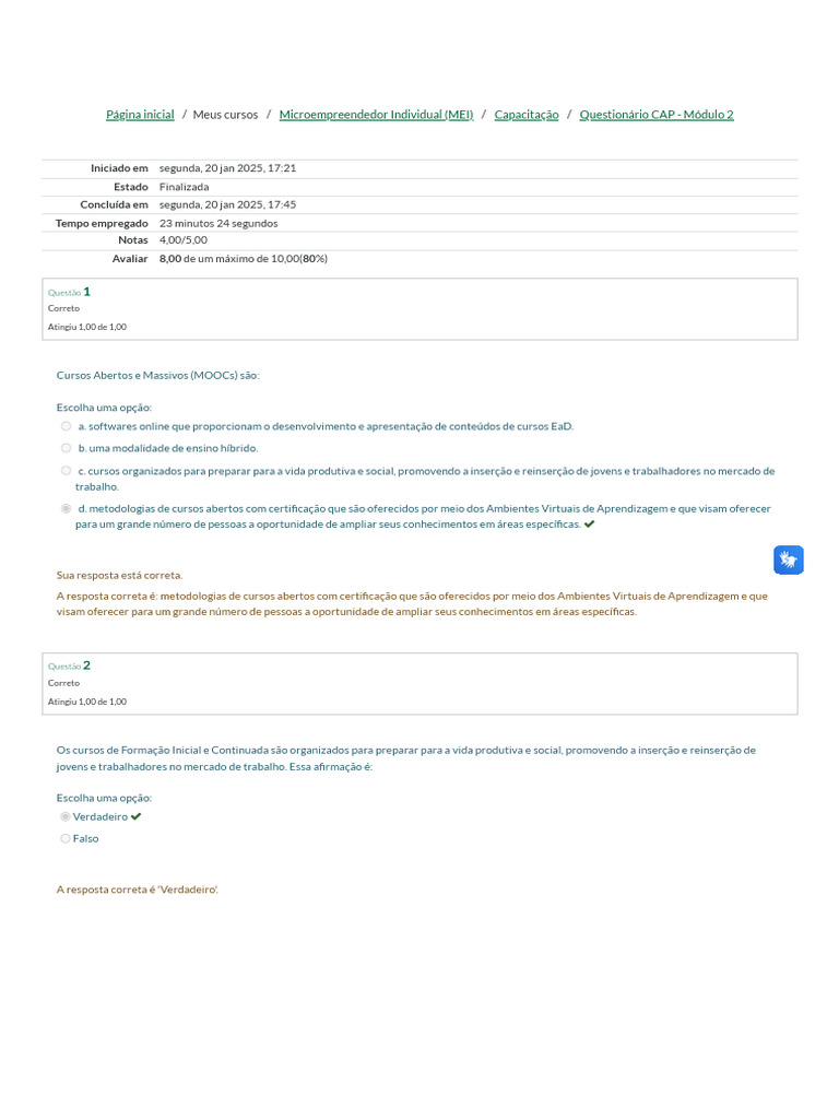 Resultados do Questionário MEI Módulo 2 | PDF | Educação à distância ...