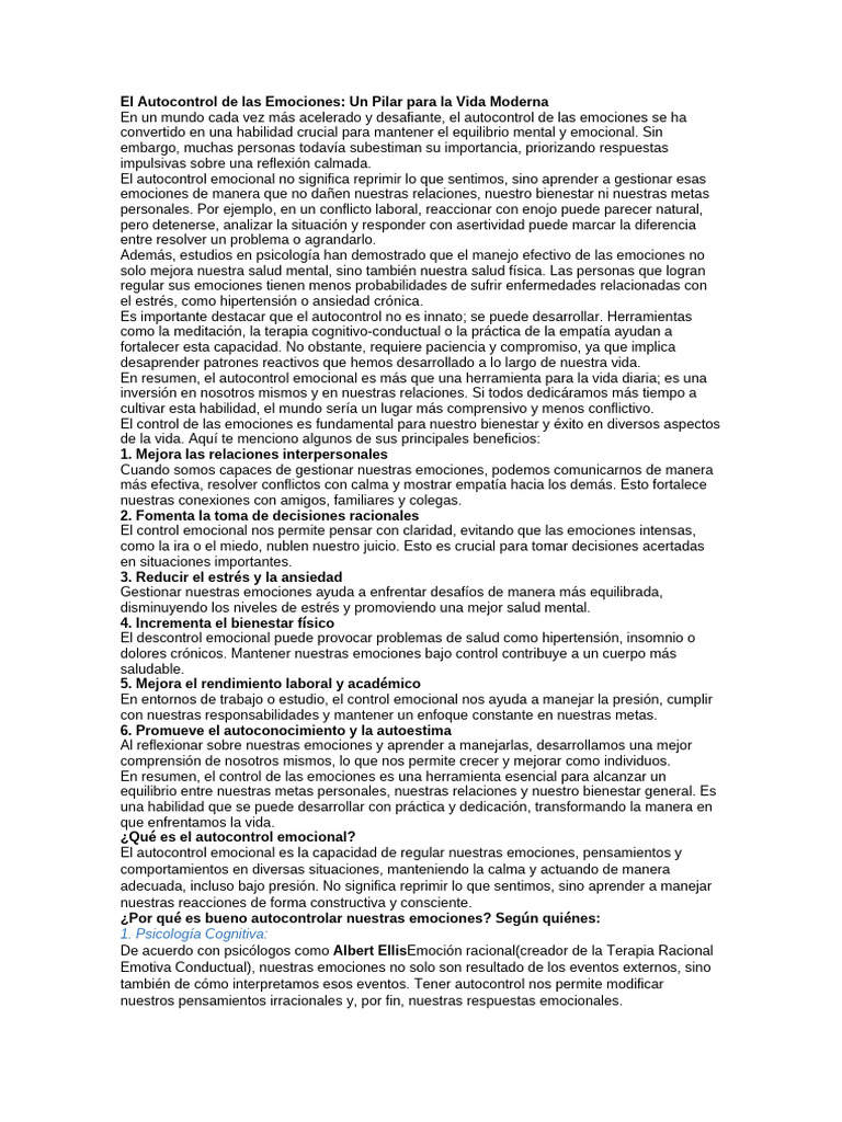 Autocontrol Emocional: Clave del Bienestar | PDF | Las emociones ...