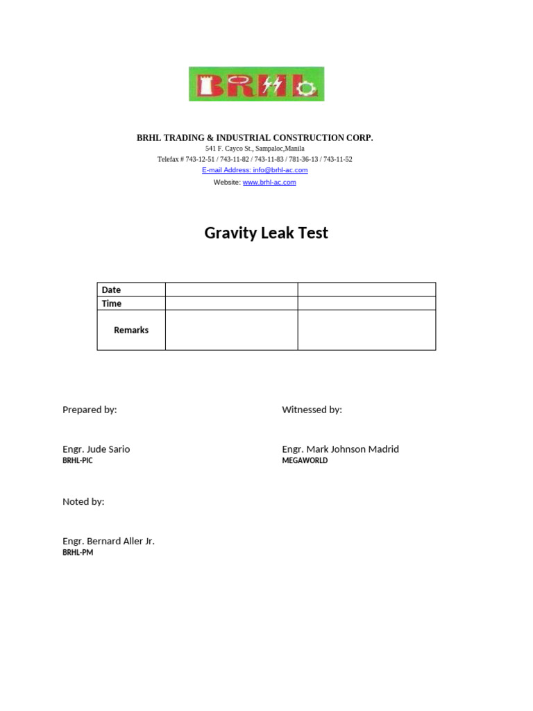 Gravity Leak Test Report by BRHL Corp. | PDF