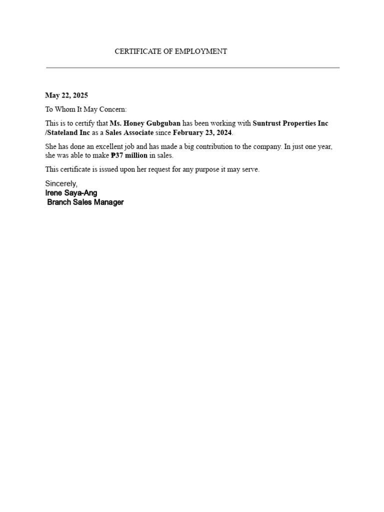 Sincerely,: Irene Saya-Ang Branch Sales Manager | PDF