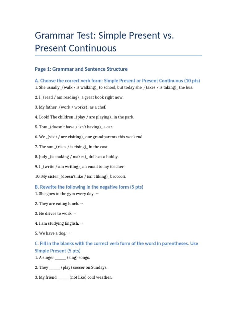 Grammar Test Simple Present and Continuous | PDF | Languages | Foreign ...