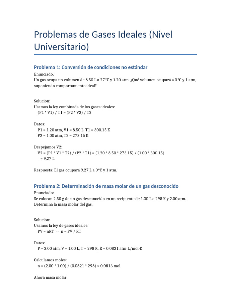 Problemas de Gases Ideales Resueltos | PDF
