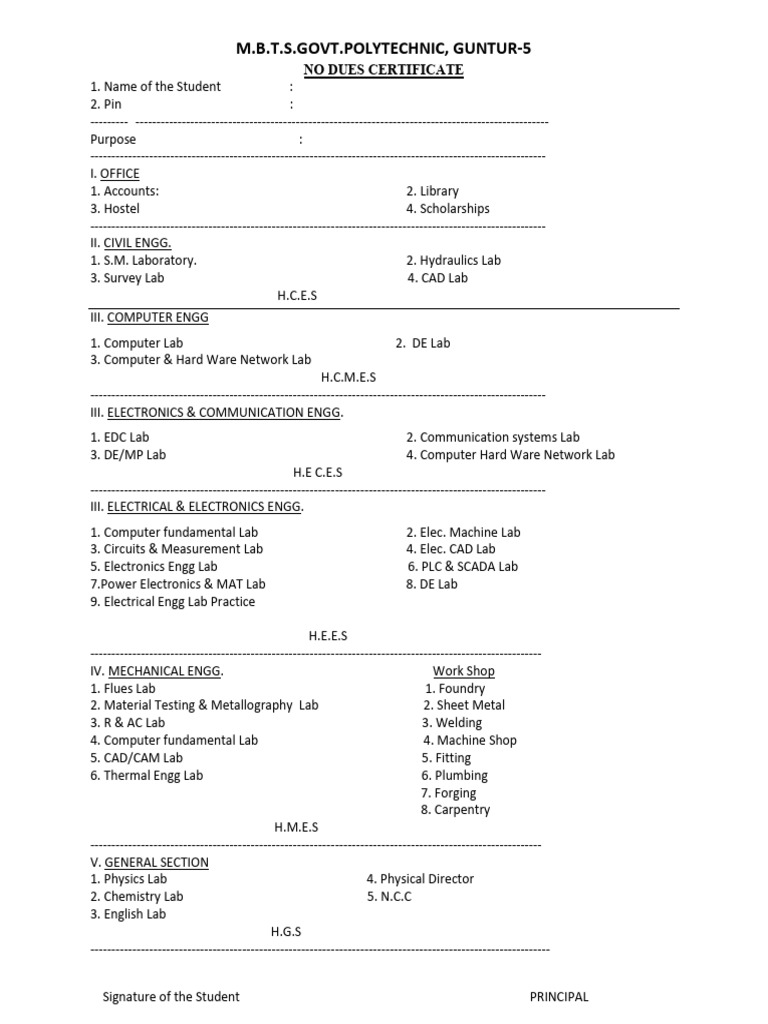 MBTS Govt Polytechnic Updated No Dues Certificate | PDF | Engineering ...
