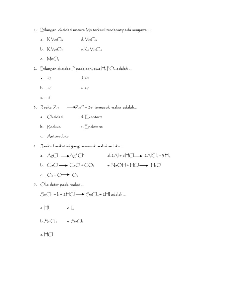 Bilangan Oksidasi Unsure Mn Terkecil Terdapat Pada Senyawa Pdf