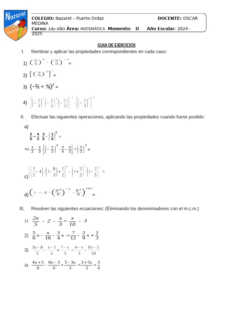 GUIA DE EJERCICIOS MATEMATICA 2do AÑO 2DO MOMENTO | PDF
